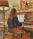Catriona at the piano by Michael Blaker, oil on board, sold Jul 2022