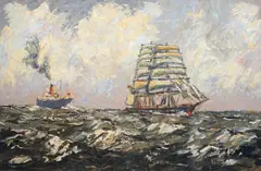 Steam and Sail' oil on board signed 50 x 75cm by Victor William Ellis, oil on board, sold Jul 2022