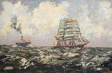 Steam and Sail' oil on board signed 50 x 75cm by Victor William Ellis, oil on board, sold Jul 2022