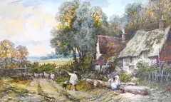 Asking the way' watercolour Studio stamp 14 x 23cm by Myles Birket Foster, watercolour, sold Jul 2022