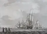 Shipping leaving harbour, figures on the shore waving farewell ink and watercolour en grisaille 15.5 x 21.5cm by William Anderson, ink and watercolour, sold Jul 2022