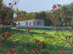 Southease Church by Paul Evans, gouache, sold Jul 2022