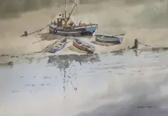 Beached fishing boats by Sydney Vale, watercolour, sold Jul 2022