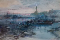 Genoa harbour at dusk by John MacWhirter, watercolour, sold Jul 2022