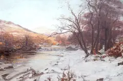 Winter river scene by Alexander Brownlie Docharty, oil on canvas, sold Jul 2022