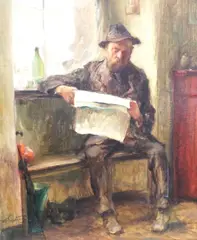 Reading the news by Willy Reetz, oil on canvas, sold Jul 2022