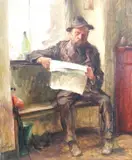 Reading the news by Willy Reetz, oil on canvas, sold Jul 2022