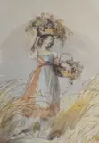 Country girl with laden baskets in a cornfield by John Frederick Taylor, watercolour, sold Jul 2022