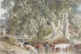 Cattle watering in a stream, 8.5 x 12.5cm by Robert Hills, watercolour, sold Jul 2022