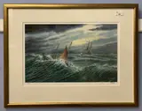 Wells Lifeboat on a rescue in choppy seas, chromolithograph, limited edtion, numbered (13/100) and signed in pencil,11x18ins, mounted, framed and glazed by Michael Bensley, pencil, sold Dec 2022