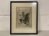 2 etchings: woman washing laundry within a courtyard setting, plus ducks bathing in a pond, each monogrammed, dated 1911 and 1918 respectively by Mina Bolingbroke, 1911, pencil, sold Dec 2022