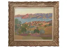 Landscape of small coastal village in Provence, France by Charles Philippe Perrot, oil on canvas, sold Nov 2022