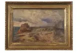 Landscape with figures along a pathway and the outline of a castle in the distance by James Stark, oil on canvas, sold Nov 2022