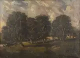 Norfolk landscape, children fishing under a band of oak trees with a house and bridge beyond by Robert Mallett, oil on canvas, sold Nov 2022