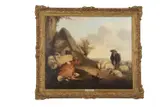 Rural landscape depicting cattle and sheep at rest with chickens near a thatched barn by William Shayer Sr., oil on canvas, offered Nov 2022