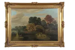 A raft of mallards and one in flight, woodland and migratory birds beyond by Henry Bright, oil on canvas, sold Nov 2022