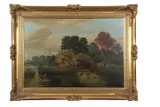 A raft of mallards and one in flight, woodland and migratory birds beyond by Henry Bright, oil on canvas, sold Nov 2022