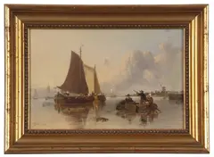 Figures in a rowing boat with sailboats beyond by Joseph Stannard, oil on board, sold Nov 2022