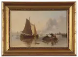 Figures in a rowing boat with sailboats beyond by Joseph Stannard, oil on board, sold Nov 2022
