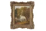 A solitary female figure walking in a landscape with a church in the distance by Obadiah Short, oil on board, sold Nov 2022