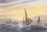 A flotilla of ships under low sunlight by Mick Bensley, oil, offered Nov 2022
