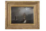 Maritime scene with a ship and lighthouse under moonlight by John Crome, oil on canvas, sold Nov 2022