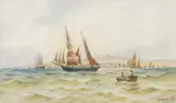 Coastal scene with tall ships and a rowing boat in the foreground by Aubrey Ramus, 1915, oil, sold Nov 2022