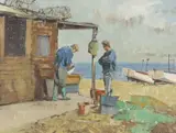 Fishermen, Aldeburgh by Michael J. Sanders, oil on board, sold Nov 2022