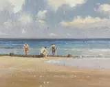 Bathers by Breakwater, Sheringham by Michael J. Sanders, oil on board, sold Nov 2022