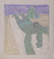 A portrait of a seated lady next to a dressing table and a second work depicting two figures at the beach by Kay Ohsten, watercolour, offered Nov 2022
