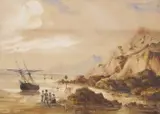 Fisherfolk beneath a rugged coastline at low tide by Henry Bright, watercolour, sold Nov 2022