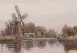 Broads scene with windmill and wherry by Charles Mayes Wigg, watercolour, sold Nov 2022