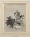 Achitectural interest, a pencil study of a watch tower with adjoining buildings by Henry Bright, pencil, sold Nov 2022