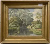 Label on verso: 'Flowering Elders on the Yare by Paul Cranfield Smyth, oil on board, sold Nov 2022