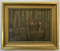 Fox hunting party within a woodland setting by Geoffrey E. Mortimer, oil on board, sold Nov 2022