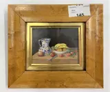Miniature still life study of fruit and ornate jug by Enid Clarke R.M.S., oil on board, sold Nov 2022