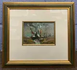 Figures stand upon beached boats by Jack Cox, mixed media on board, sold Nov 2022