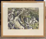 Stream flowing over a rocky landscape by Irene Ogden, watercolour, sold Nov 2022