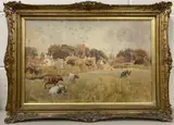 A village scene with grazing cattle by Charles James Fox, watercolour, sold Nov 2022