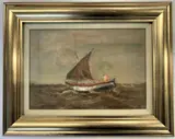 Shipping scene by Jack Cox, mixed media, sold Nov 2022