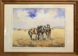 A trio of Shire horses in a wheat field by Maurice J.Bush, watercolour and ink, sold Nov 2022