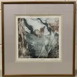 snow clouds and red tulips by La Anderson, woodcut, offered Nov 2022