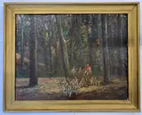 Fox hunting party venturing through a woodland by Geoffrey E. Mortimer, oil on board, sold Oct 2022