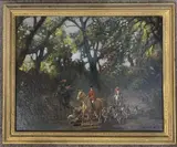 Fox hunting party riding through a woodland opening by Geoffrey E. Mortimer, oil on board, sold Oct 2022