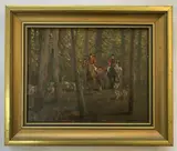 Fox hunting party within a woodland setting by Geoffrey E. Mortimer, oil on board, sold Oct 2022