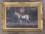 Fox hunting scene with King Edward VIII on horseback by Geoffrey E. Mortimer, oil on board, sold Oct 2022