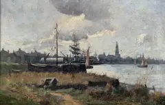 Fishing boats at the Quayside by John Reid Murray, oil on canvas, sold Oct 2022