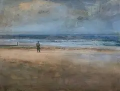A lone figure on a beach by John Bond, oil on board, sold Oct 2022