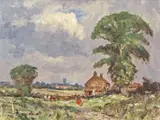 Landscape with a figure and cow before a farmstead, Norwich in the distance by Martin Walton, Oil on board, sold Oct 2022