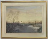 Pheasants in flight across a winter landscape by Arthur A.Pank, oil on board, sold Oct 2022